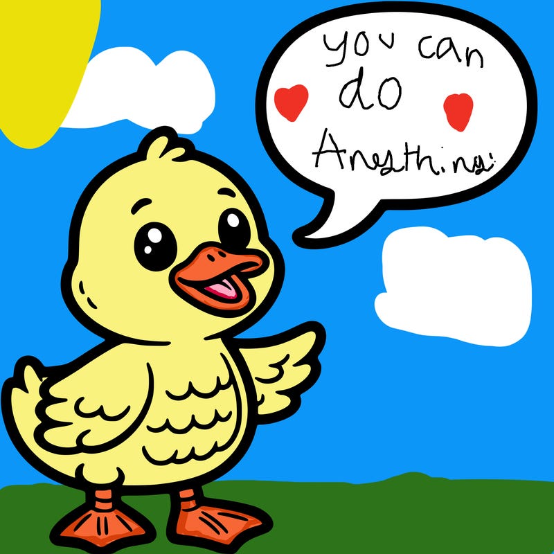 a duck with a word bubble