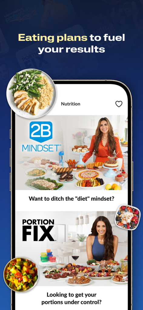 Interface de l'application BODi montrant les programmes de nutrition 2B Mindset et Portion Fix avec des idées de repas sains