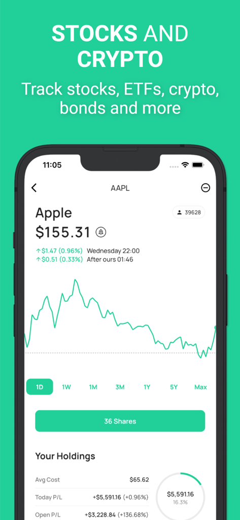 Stock Events app screenshot showing Apple stock price chart and portfolio holdings