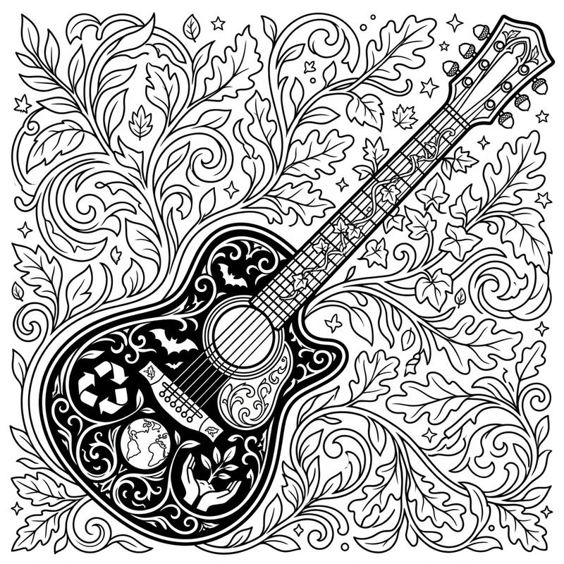 Unleash your creativity with this captivating Gothic guitar coloring page, designed to celebrate Earth Day. Featuring intricate designs of nature and environmental symbols, it offers a truly unique artistic challenge.
