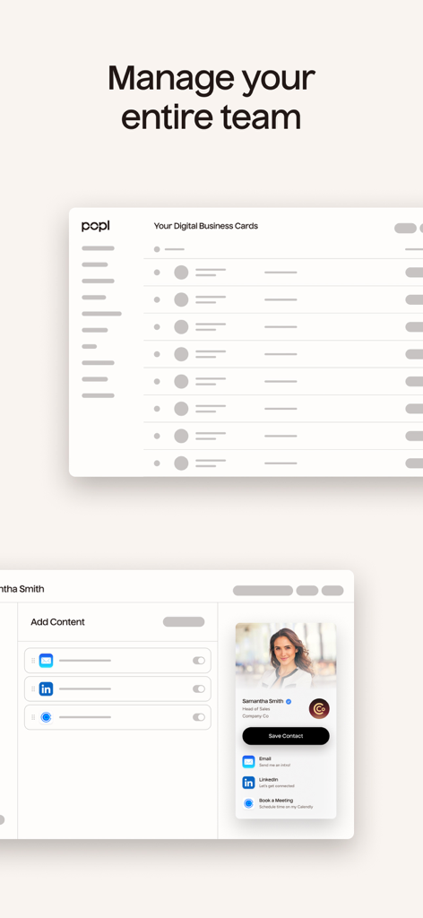 Popl: Digital Business Card - Dashboard-Oberfläche zur Verwaltung professioneller digitaler Visitenkarten für ein Team.