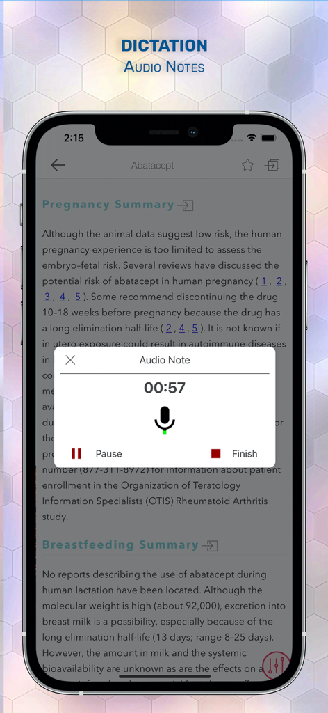 Drugs in Pregnancy Lactation - Recurso de ditado médico e notas de áudio no aplicativo clínico Medicamentos na Gravidez e Lactação