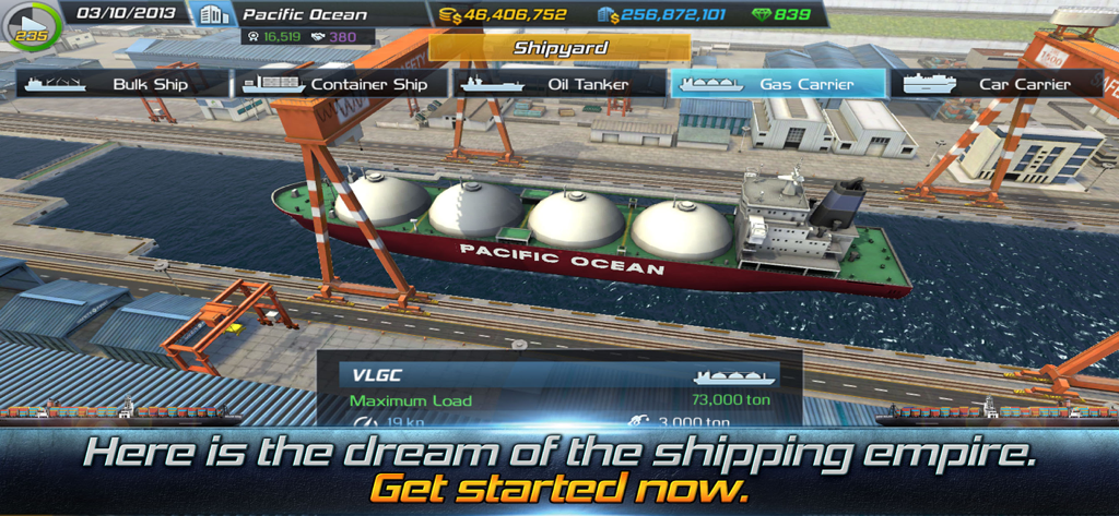 Ship Tycoon - A gas carrier vessel docked in a shipyard within the Ship Tycoon simulation game interface.