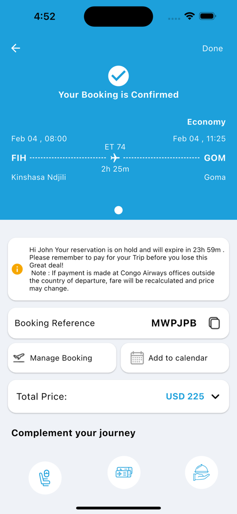 Air Congo - Schermata dell'app mobile Air Congo che mostra una prenotazione di volo confermata da Kinshasa a Goma con prezzo e riferimento di prenotazione.
