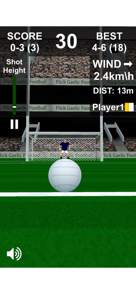 A white Gaelic football on a green field in front of goalposts and a goalkeeper in a stadium.