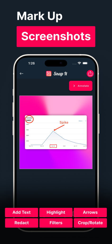 Screenshot Editor - SnapIt - Interface do aplicativo SnapIt mostrando um gráfico financeiro com seta vermelha e anotações de texto