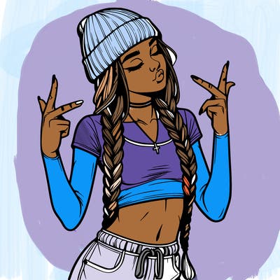 realistic teenage girl with braids and a beanie and crop top doing 🫶🏼