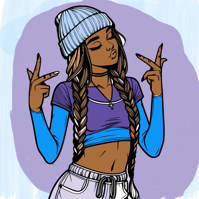 realistic teenage girl with braids and a beanie and crop top doing 🫶🏼