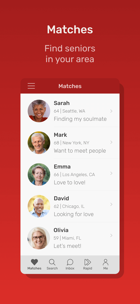 Elenco di profili di senior abbinati nell'app Incontri Senior