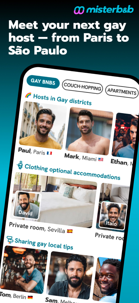 Misterbnb app interface showing gay hosts and travel accommodations worldwide