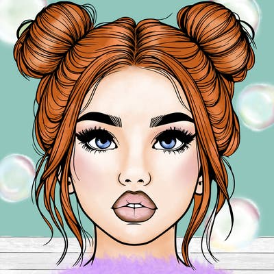 realistic girl with two buns on her hair and lips