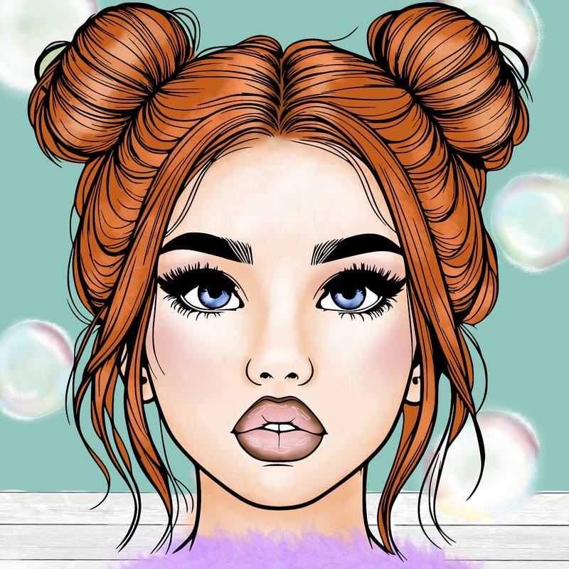 realistic girl with two buns on her hair and lips