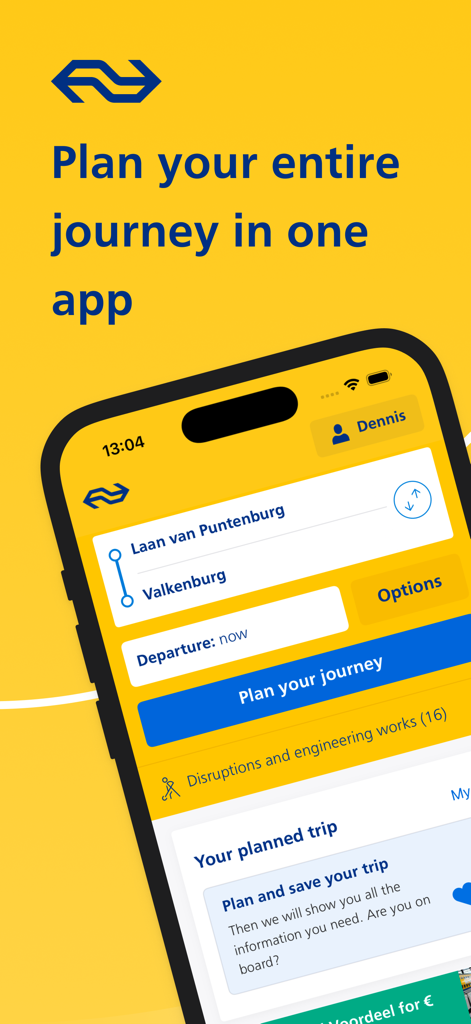 A tela principal do aplicativo NS Travel Planner mostrando uma ferramenta de planejamento de viagem para viagens de trem na Holanda