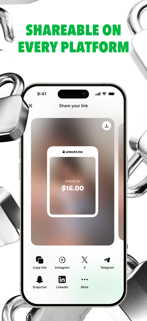 Interface de l'application Unlockt montrant un menu de partage pour les plateformes de médias sociaux afin de monétiser les liens de contenu
