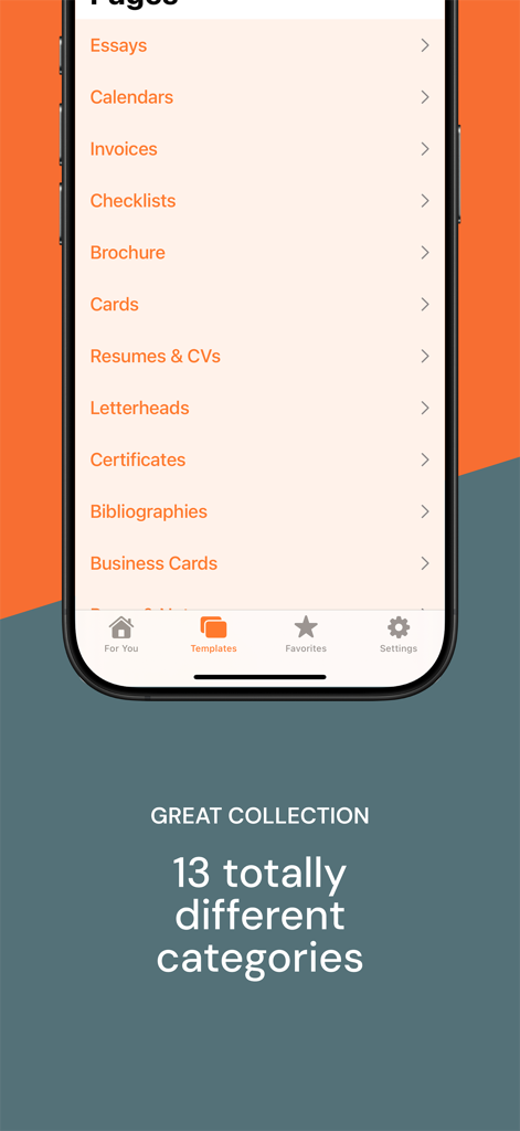 Templates for Pages Pro - Liste von 13 Dokumentvorlagenkategorien für Apple Pages, einschließlich Rechnungen, Lebensläufe und Broschüren.