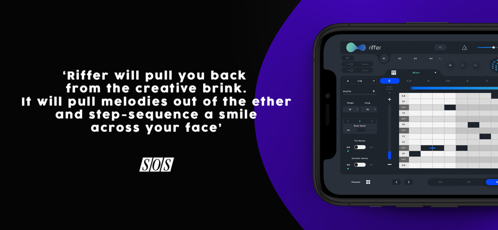 Marketing banner for Riffer app featuring a positive quote from Sound on Sound magazine and the MIDI sequencer interface on a smartphone.