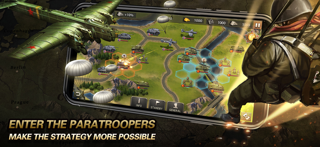 WW2: Strategy Games War Games - A tactical hex-based map in a World War II strategy game featuring paratroopers descending onto a battlefield with tanks and aircraft