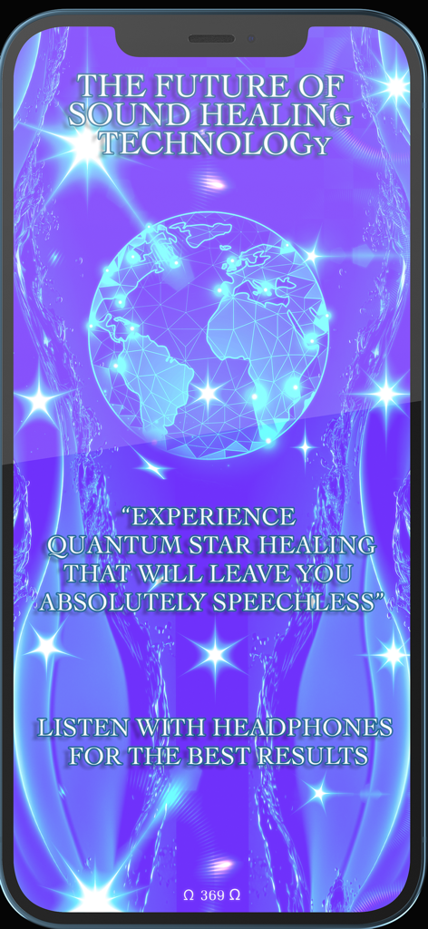 Quantum Frequency Technologies - Introductory screen for Quantum Frequency Technologies app featuring a glowing wireframe globe and spiritual sound healing text.