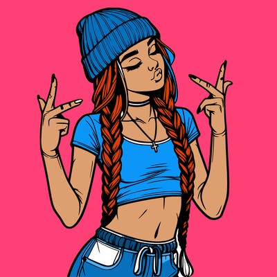 realistic teenage girl with braids and a beanie and crop top doing 🫶🏼