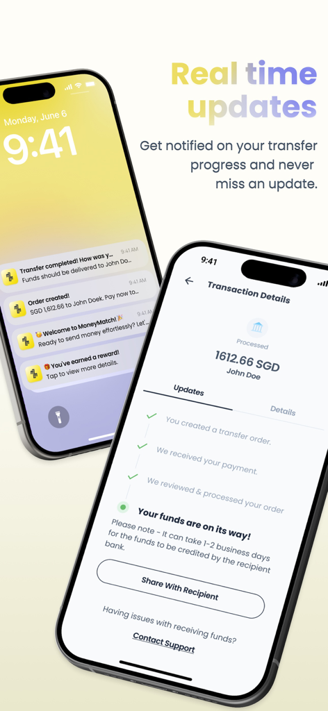 MoneyMatch - MoneyMatch app screens showing real-time status updates and push notifications for a funds transfer