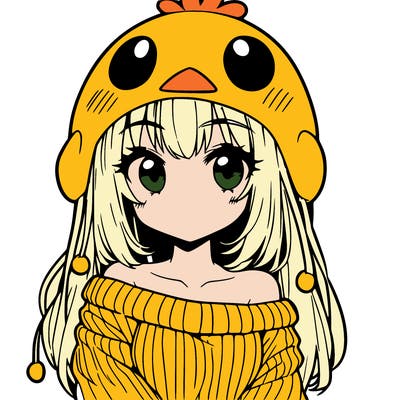 anime girl with chick shaped hat with sweater with bare shoulders with bangs covering them one eye with low tail