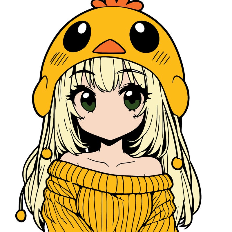 anime girl with chick shaped hat with sweater with bare shoulders with bangs covering them one eye with low tail