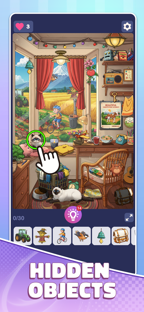 Find Fast:Hidden Objects - Find Fast Hidden Objects のゲームプレイ画面。プレイヤーが隠された猫を見つける居心地の良い部屋の手描きのイラスト。