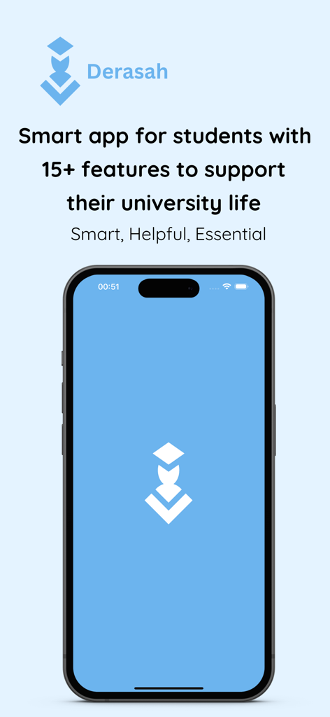 Derasah - Tela inicial do aplicativo Derasah em um iPhone com texto descrevendo-o como um aplicativo inteligente para a vida universitária