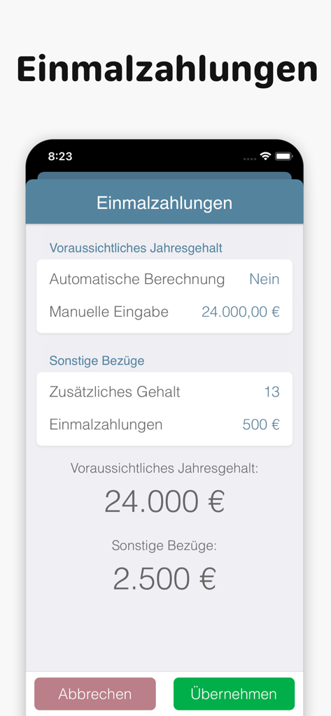 Bruno app screen for calculating one-time salary payments and bonuses