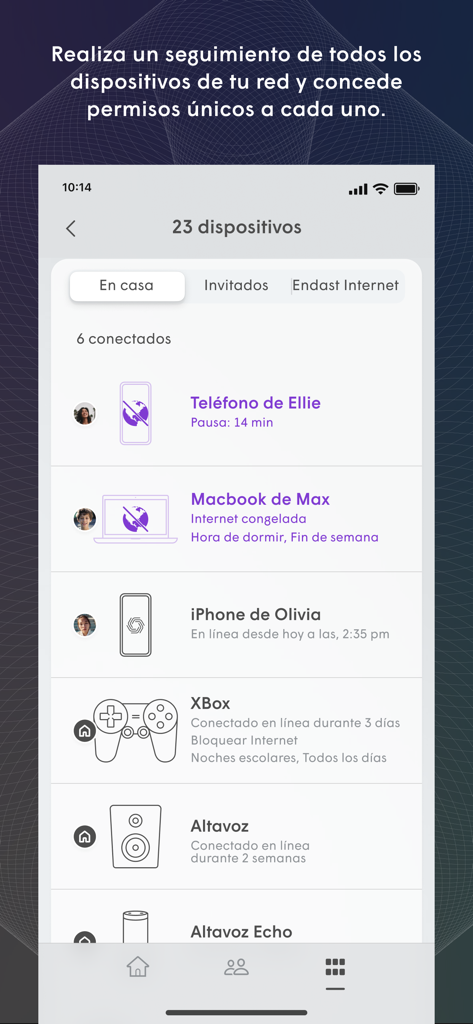 TIGO wifi+ - Interfaz de la aplicación Tigo wifi plus mostrando una lista de dispositivos domésticos conectados con configuraciones de control parental en español