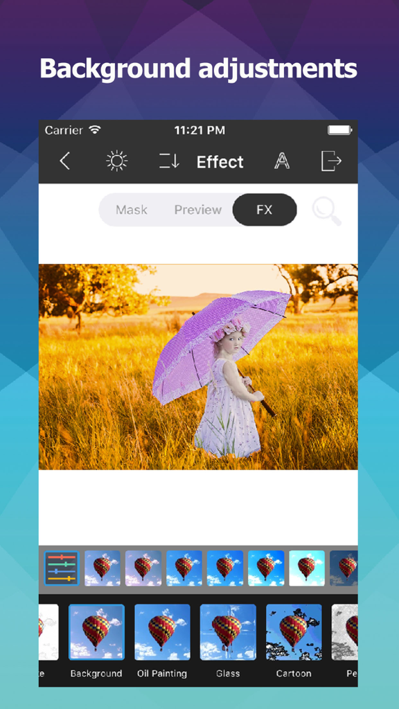 Aftercut - Aftercut app background adjustment interface with artistic filters