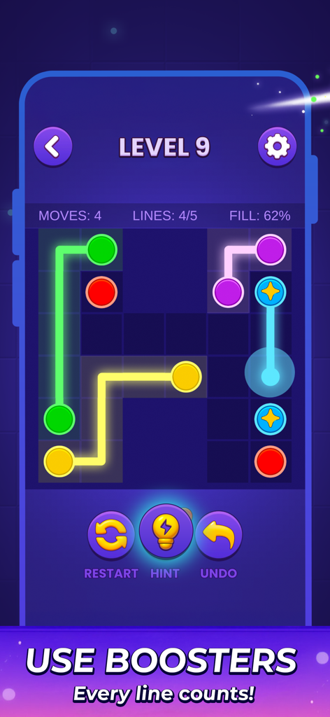 Color Dots Connect - Gameplay screen of Color Dots Connect showing a grid puzzle with glowing lines and booster icons.