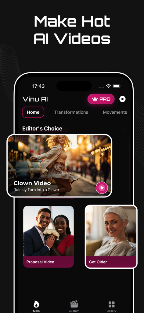 AI Video Generator Hot : Vinu - Pantalla de inicio de la aplicación generadora de vídeo IA Vinu que muestra varias plantillas de creación de vídeo como escenas de propuesta y efectos de envejecimiento