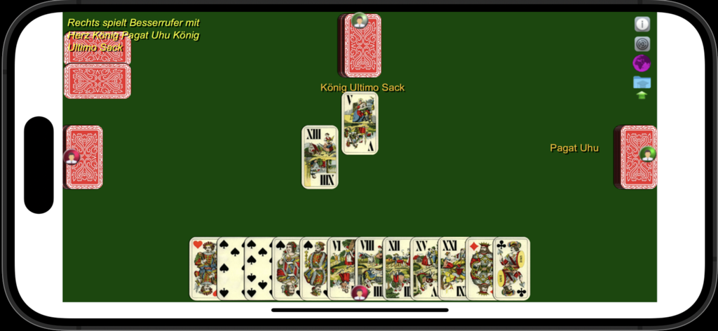 Tarock - Königrufen - Gameplay-Screenshot des Tarock Konigrufen Mobile Kartenspiels, das traditionelle Tarotkarten auf einem grünen digitalen Tisch zeigt