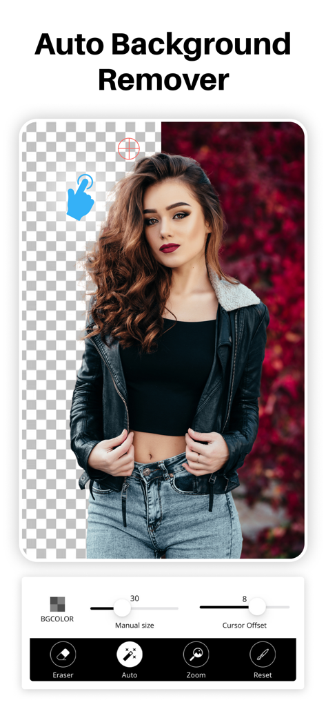 Interface of the Advertisement Maker app showing the auto background remover tool with a portrait of a woman