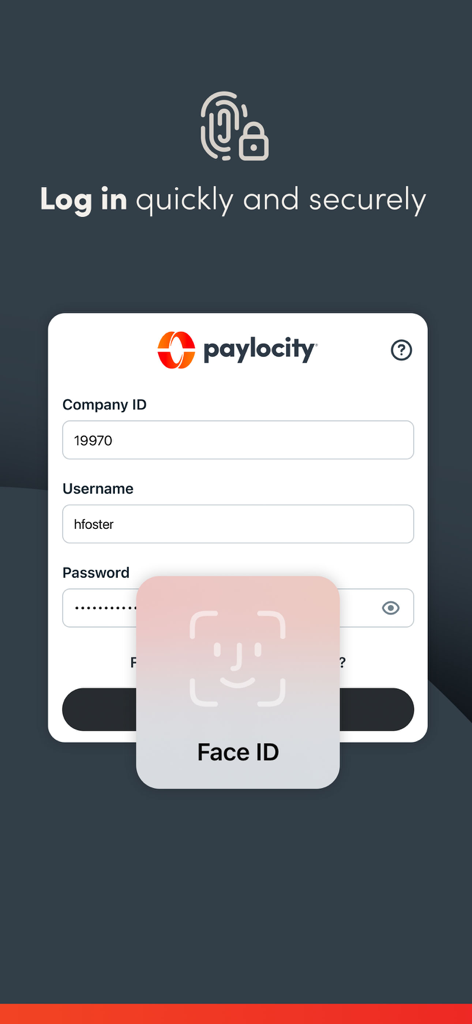 Paylocity - Paylocity mobile app login screen with a Face ID biometric authentication prompt