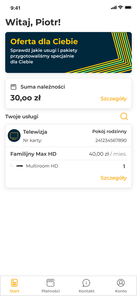 iPolsat Box - iPolsat Box mobile app dashboard showing account balance and television service details in Polish
