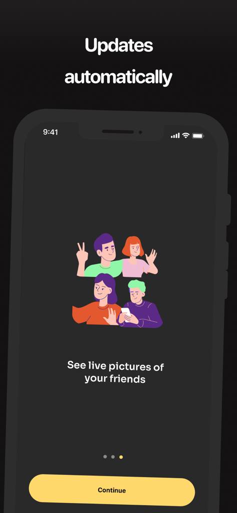 그룹 일러스트레이션과 자동 라이브 사진 업데이트를 설명하는 텍스트가 포함된 Comet Live Friends Widget 온보딩 화면