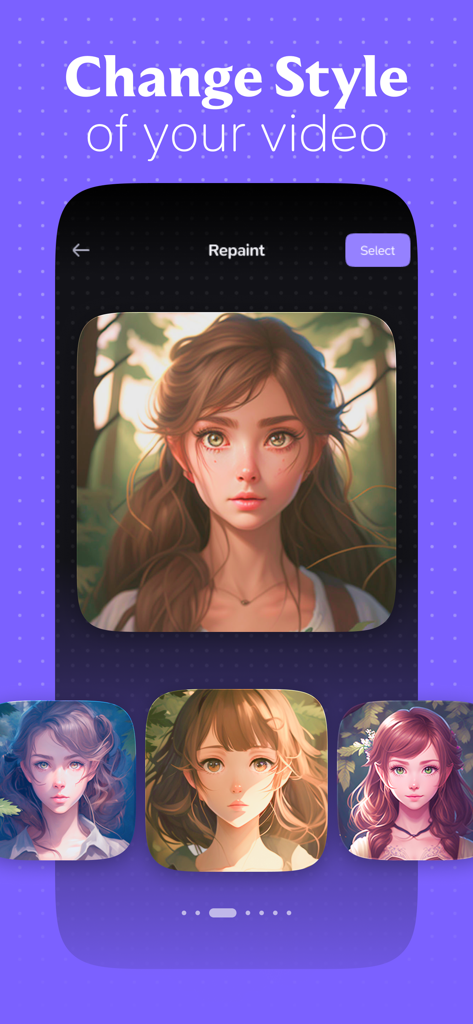 Haiper AI・Video, Photo Creator - Mobile app interface of Haiper AI showing various artistic anime styles to repaint and transform video content