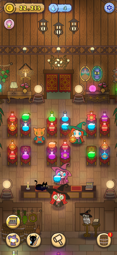 Witch's Potion Shop - A cozy potion shop interior with cartoon witches cats and rows of glowing colorful magic bottles