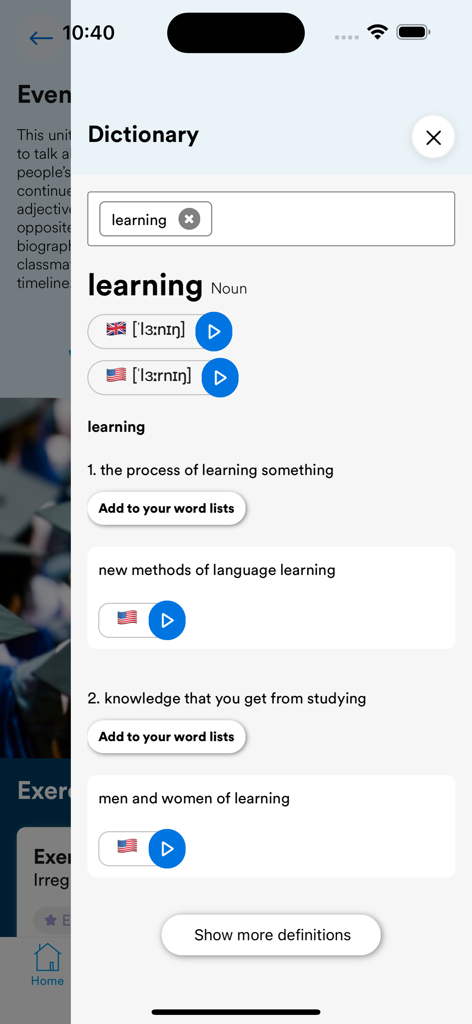 A screenshot of the EF Campus Learning app dictionary feature showing the definition and audio pronunciation buttons for the word learning.