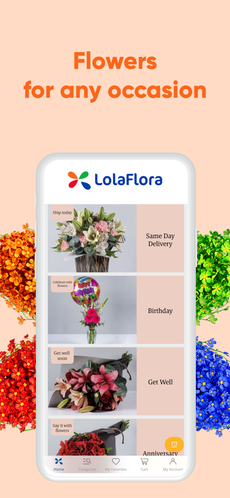 LolaFlora - Flower Delivery - Interface do aplicativo móvel LolaFlora mostrando categorias de arranjos florais para várias ocasiões, como aniversários e datas comemorativas.
