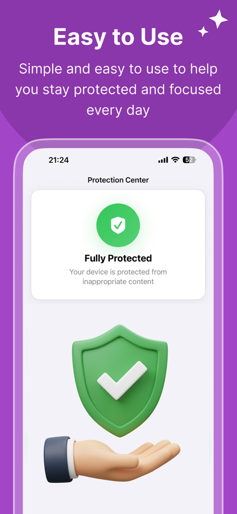 Porn Blocker: PurePath - Interface do aplicativo PurePath mostrando o centro de proteção com um ícone de escudo verde e mensagem de proteção total.