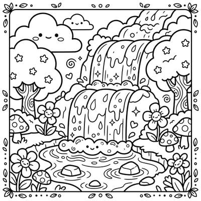 Immerse yourself in the delightful world of our Kawaii Waterfall coloring page, bursting with adorable details. This charming scene features a cute waterfall surrounded by smiling clouds, cheerful flowers, and whimsical elements, offering a joyful escape for all ages.