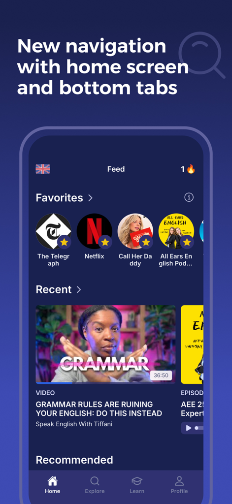 Lingoal: Languages with media - Interface de l'application Lingoal montrant l'écran d'accueil avec le contenu des médias, les favoris et les onglets de navigation en bas.