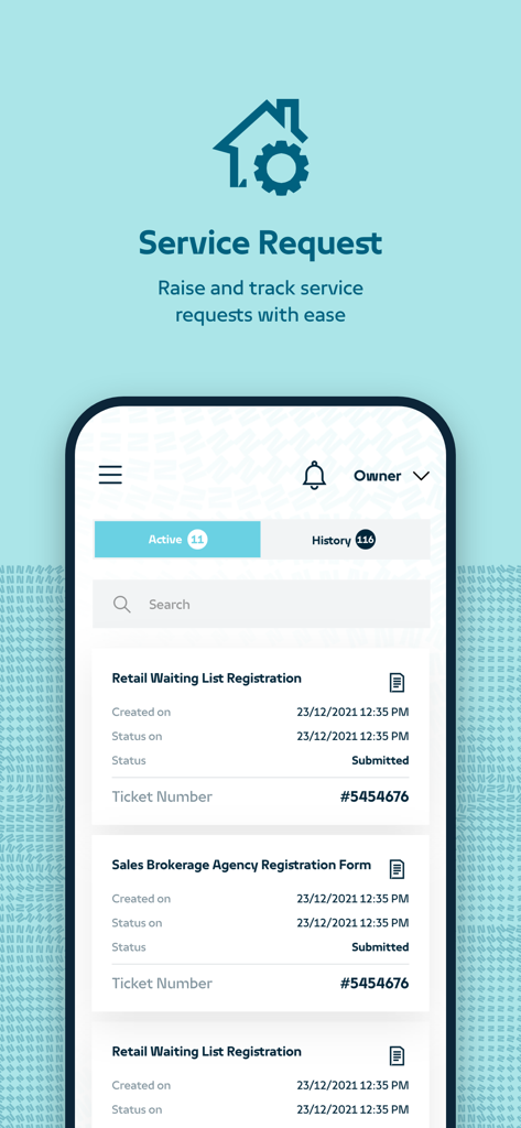My Nakheel - My Nakheelアプリのインターフェース。物件管理のアクティブおよび履歴サービスリクエストのリストを表示。