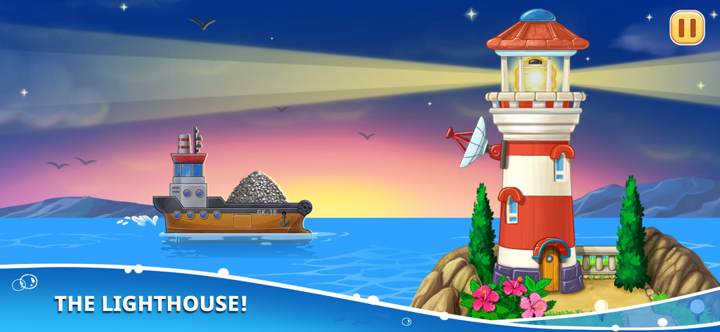 Cartoon cargo ship sailing past a lighthouse in the ocean