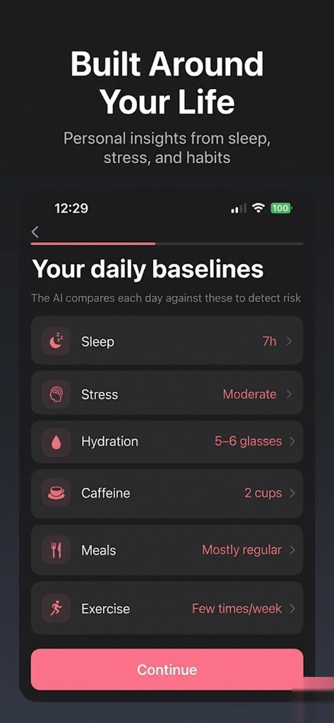 Migrena: Migraine Tracker - Interface of the Migrena app showing a list of daily baselines for habits like sleep, stress, and hydration to detect migraine risk.