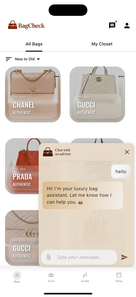 BagCheck App interface showing a collection of authenticated designer bags and an interactive chat with a luxury bag assistant