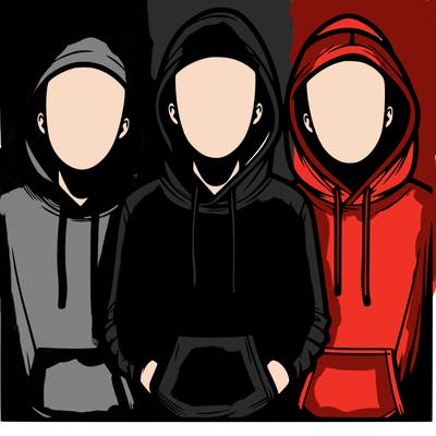 3 faceless people in  hoodies